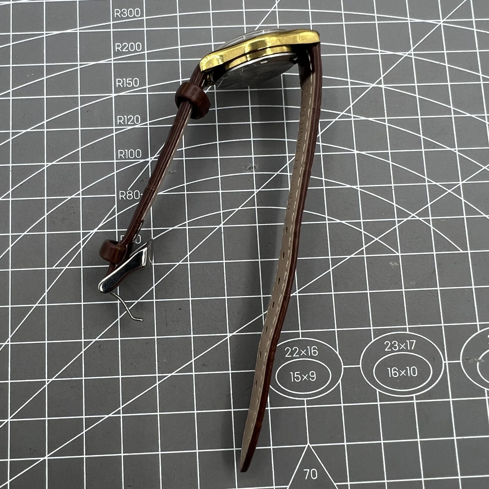 Brown 26mm Liaocheng TAISHAN manual mechanical lady watch with 19 jewels and gold nail accents, elegant design.