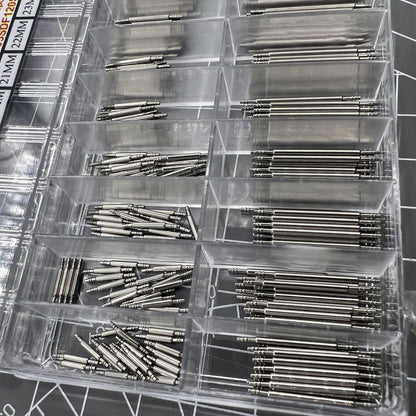 Double flange stainless steel watch spring bars kit, 360 pieces in 18 sizes, ideal for repairs.