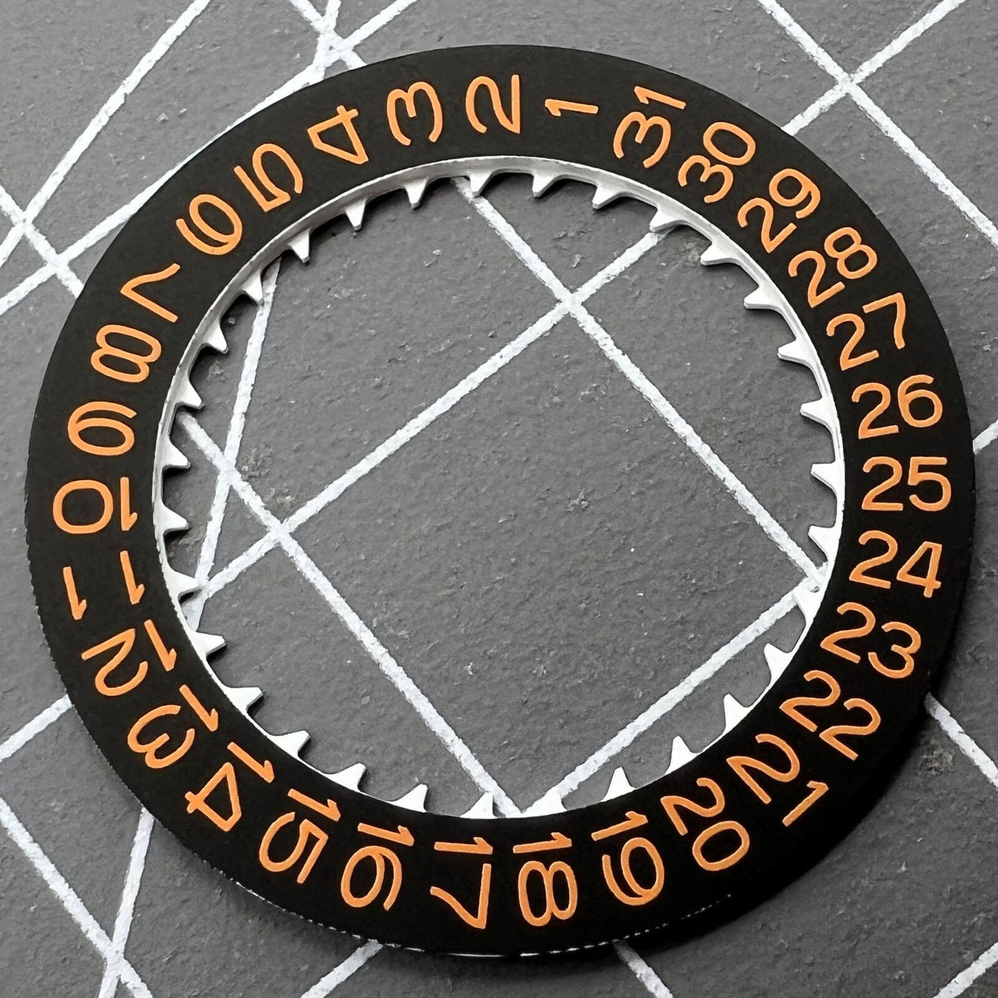 Black background orange date wheel disk for NH35 NH36 watch movement by Seiko-compatible.