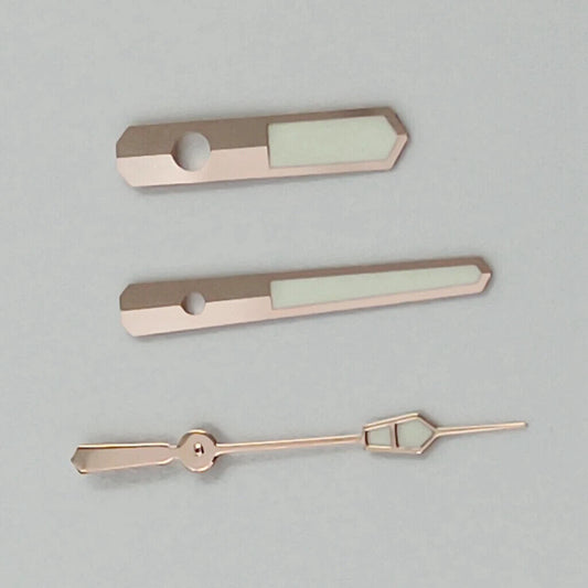 Rose gold watch hands with green lume, compatible with NH35 NH36 7S26 7S36 4R35 movements.