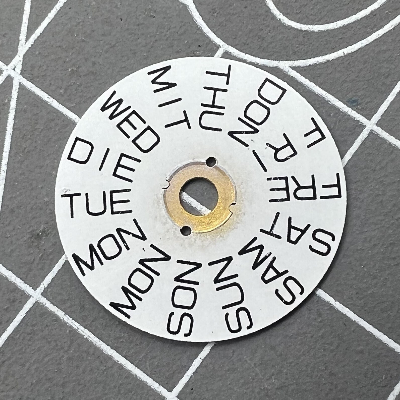 White watch accessory with English font week disk, fits 2836 movement, date at 9 o?clock, brand Generic.