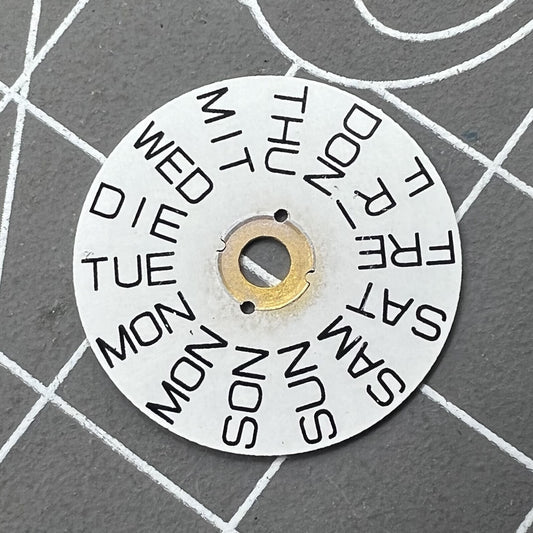 White watch accessory with English font week disk, fits 2836 movement, date at 9 o?clock, brand Generic.