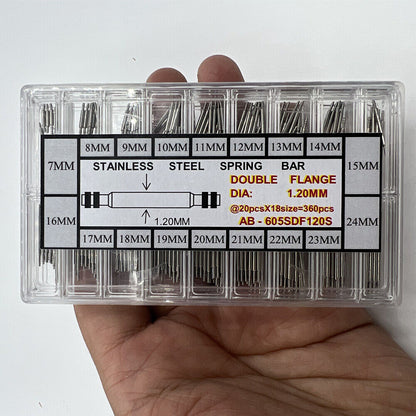 Double flange stainless steel watch spring bars, 1.2mm diameter, 18 sizes, 360PCS kit for watch repairs.