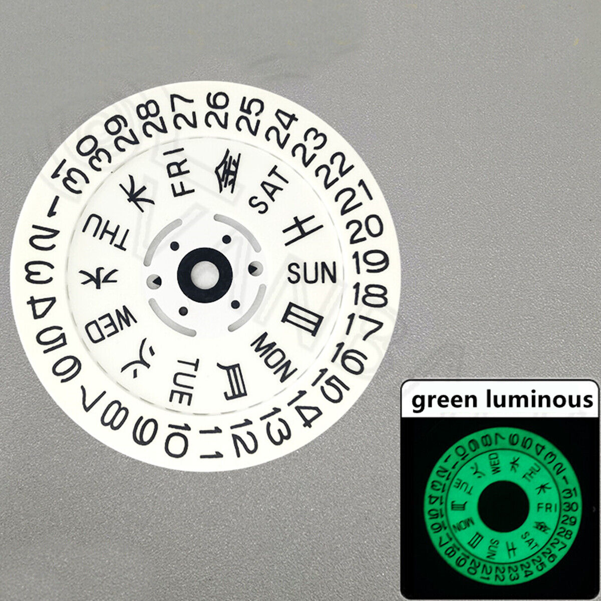 Green lume date wheel and week wheel set for Seiko NH36 movement, improving nighttime watch readability.