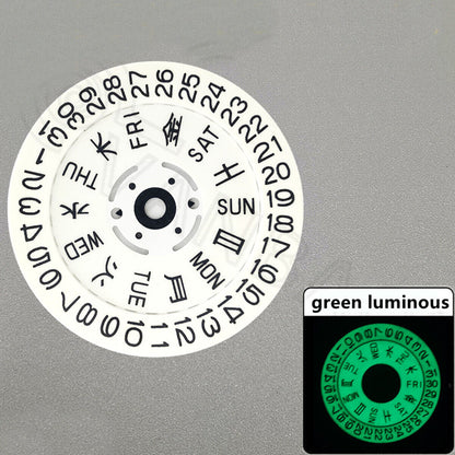 Green lume date wheel and week wheel set for Seiko NH36 movement, improving nighttime watch readability.