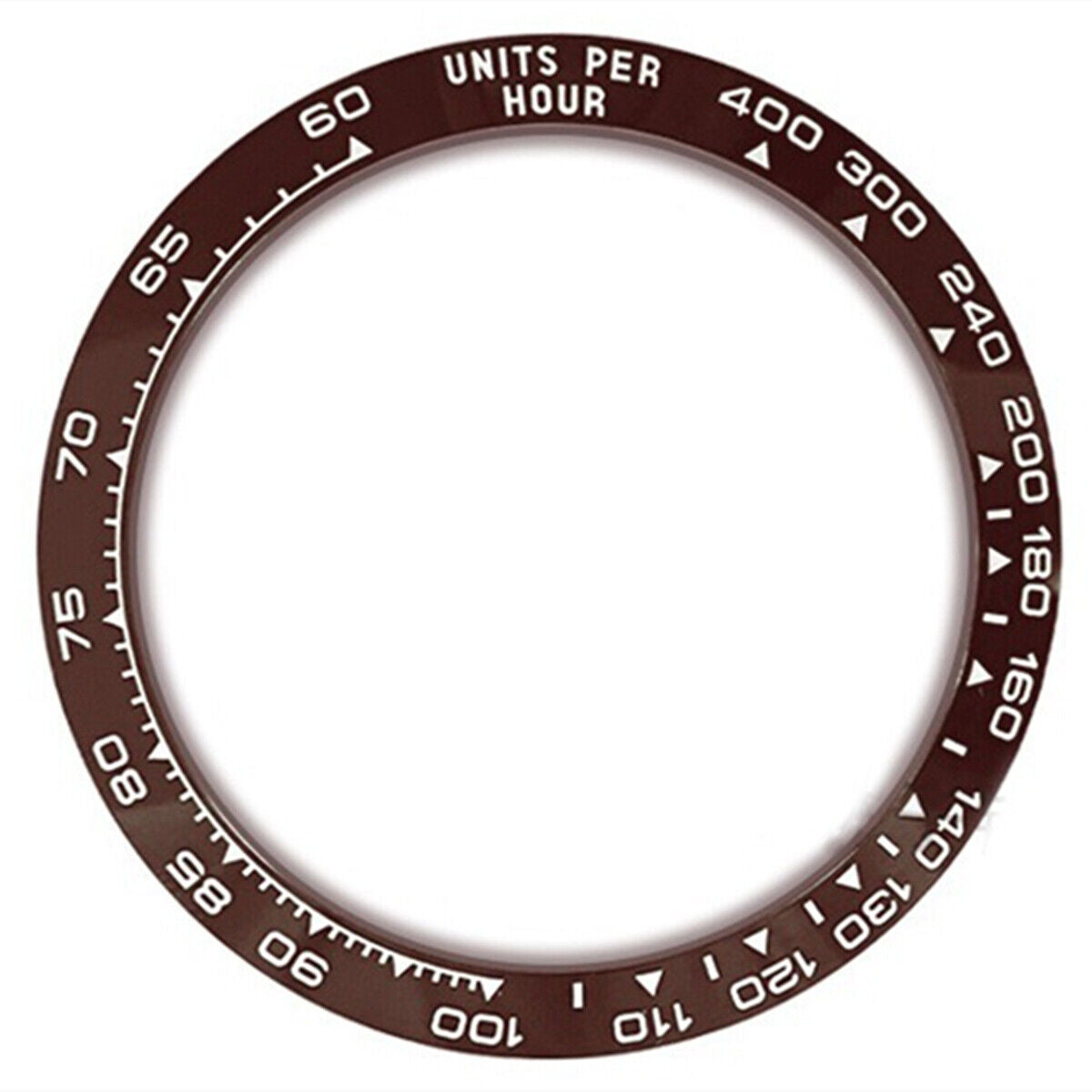 Ceramic slope bezel for Daytona watch, brown background with white font, 37.65x30.7mm.