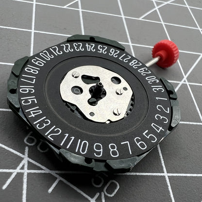 Black dial watch with Miyota 2315 quartz movement, 3 hands, date at 6, compatible stem, by Miyota.