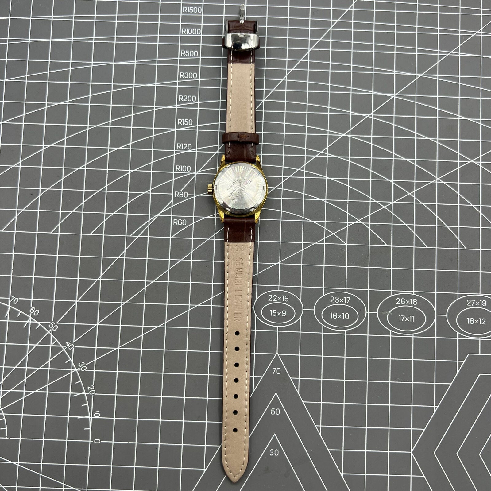 Elegant 26mm Liaocheng TAISHAN lady watch with brown leather strap, 19-jewel manual movement, and golden nail markers for refined style.