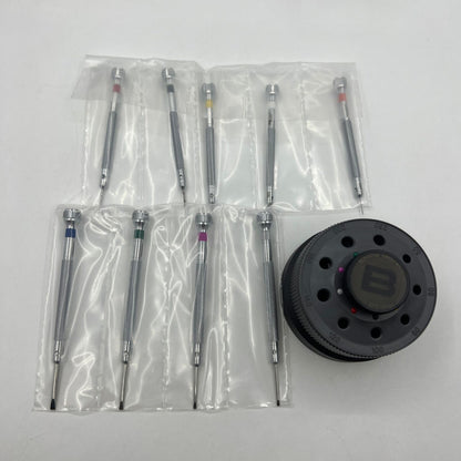 Bergeon 5970 rotating toolset featuring 9 precision screwdrivers for detailed Swiss watch repair tasks.