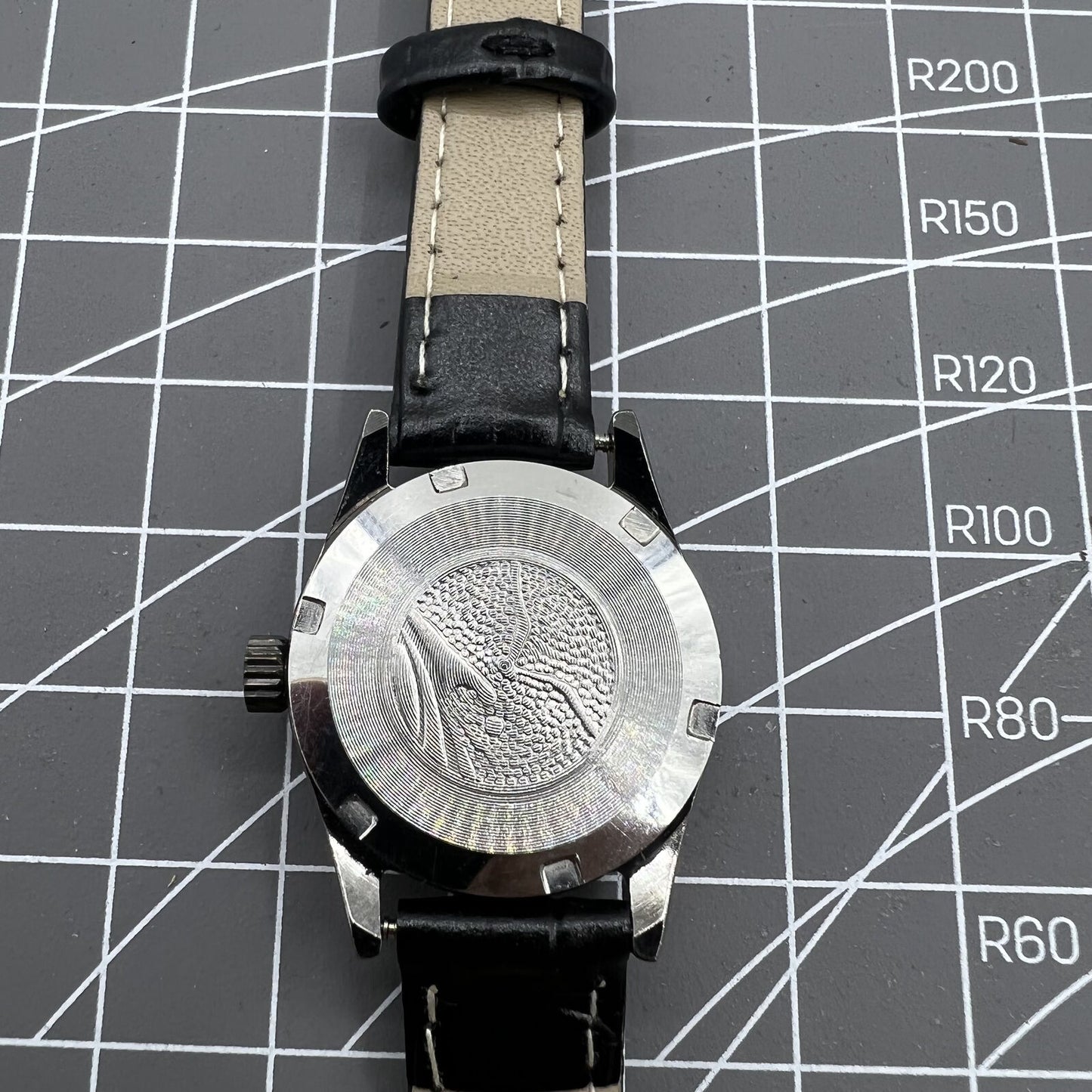 Seagull black case ladies watch with gold nail markers, manual mechanical movement, and shock resistance.