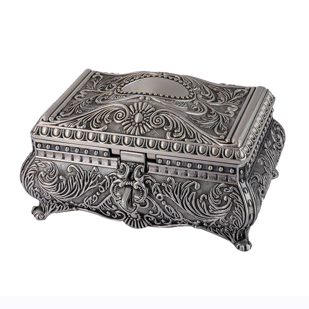#0317 Retro Rectangle Jewelry Box Flower Sculpture Trinkets Chest Jewelry Case