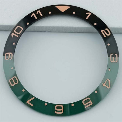 38mm black and green ceramic GMT bezel with white and gold font for SUB watch compatibility.