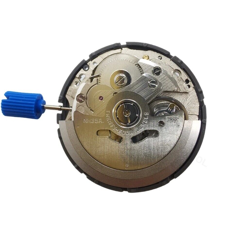 NH35A automatic watch movement with black wheel date at 6, 24 jewels high accuracy by Seiko.
