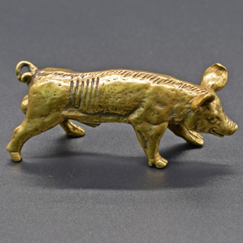 Solid copper boar sow trinket, vintage hand-carved bronze figurine for rustic home decor.