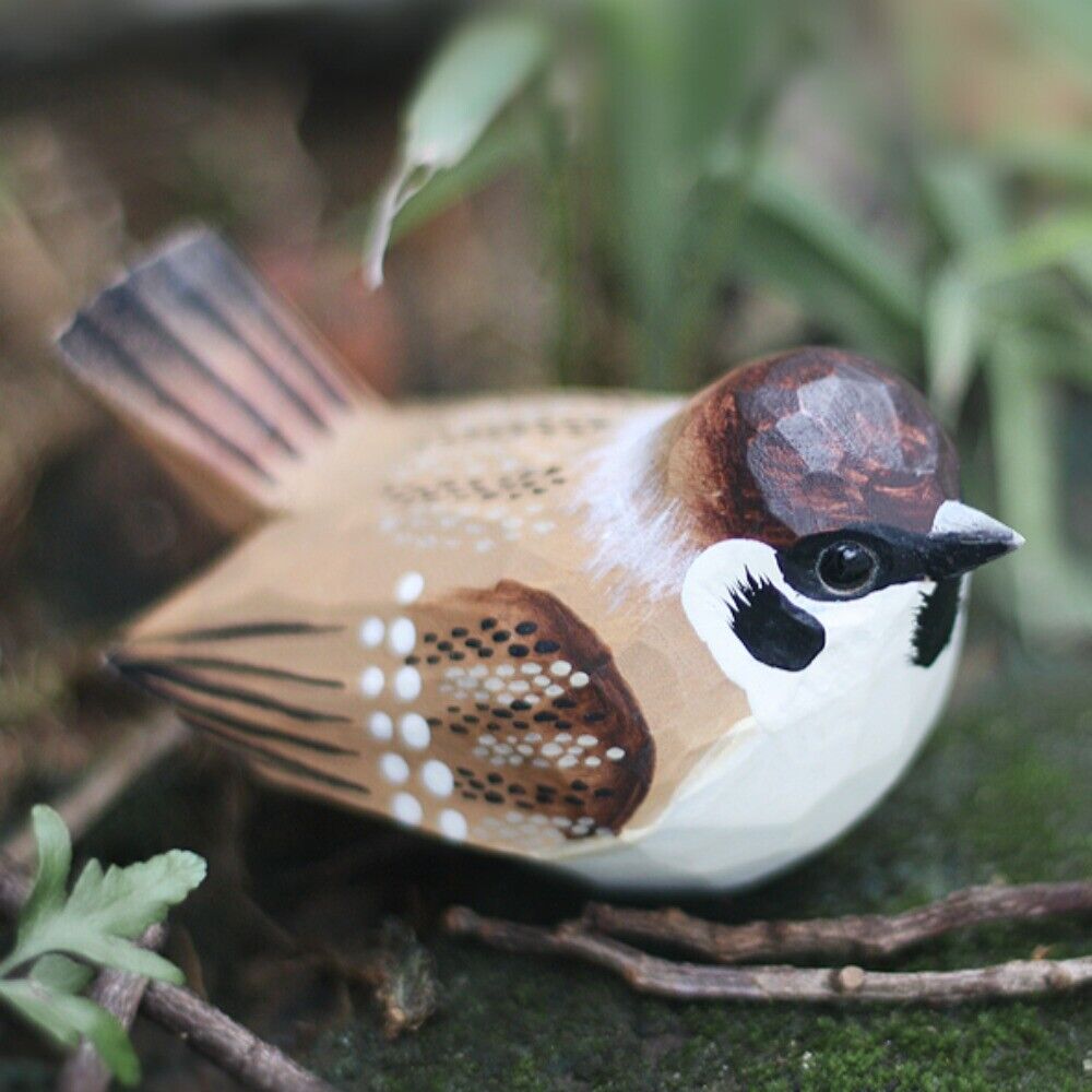 Handcrafted wooden sparrow figurine, ideal for elegant home or office d�cor.