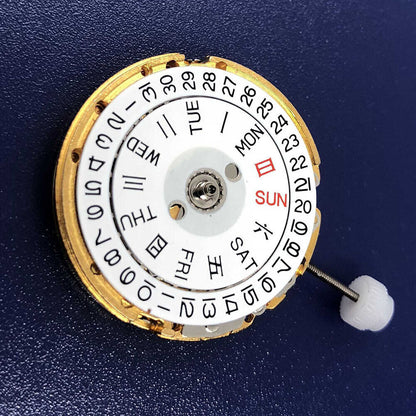 DG2813 automatic mechanical watch movement with gold finish, featuring day and date display for precise timekeeping.