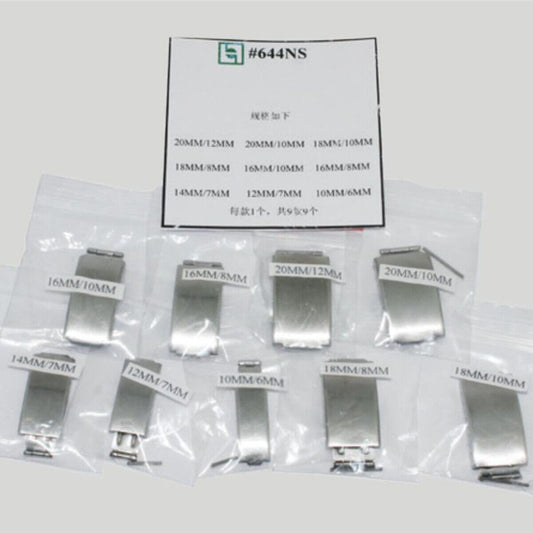 Set of 9 stainless steel watch bands with safety buckles and spring bars for secure fit.