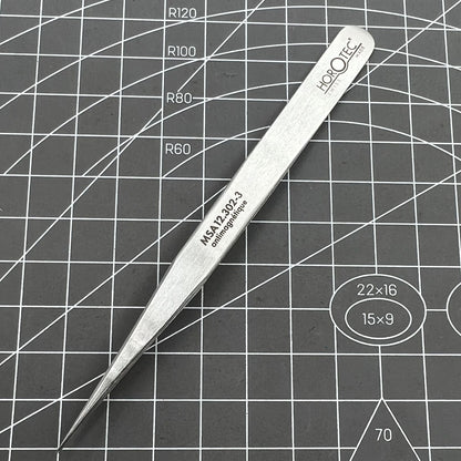 Swiss Horotec MSA12.302-3 antimagnetic fine tweezers for precise hairspring handling and watch repairs.