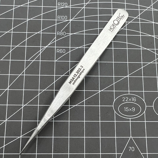 Swiss Horotec MSA12.302-3 antimagnetic fine tweezers for precise hairspring handling and watch repairs.