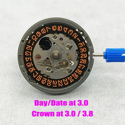 NH35 automatic watch movement with black dial, orange numerals, date display, and crown at 3 o'clock.