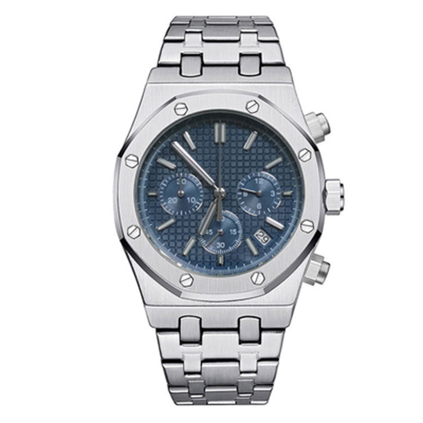 41MM stainless steel watch case and strap with VK63 movement and scratch-resistant sapphire glass.