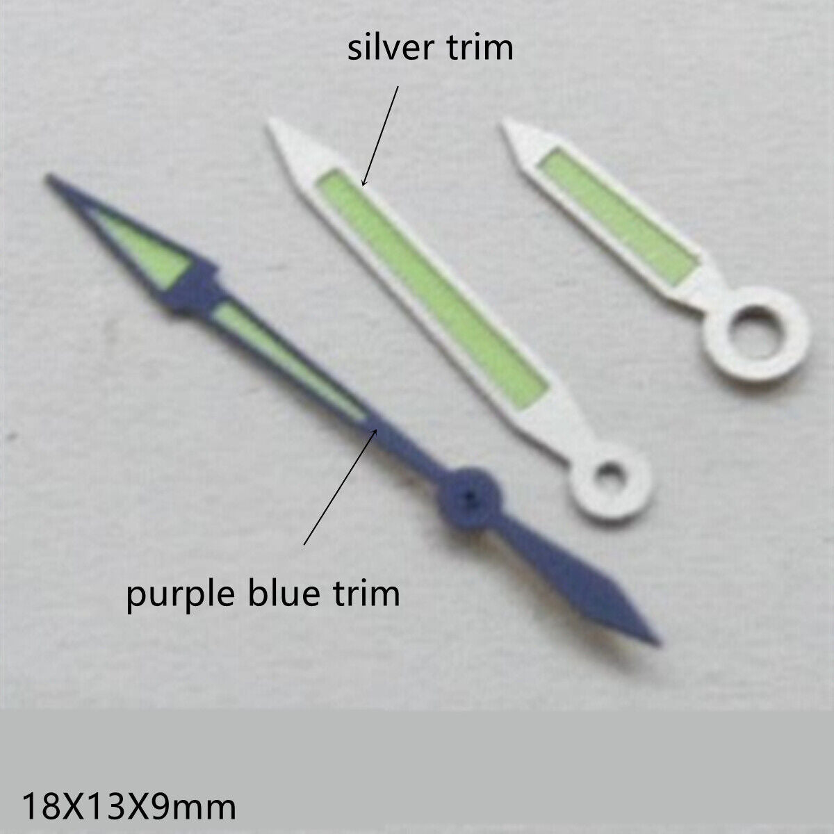 18mm Silver and Blue Trim Green Lume Watch Hands set for Miyota 2035 and 2115 models