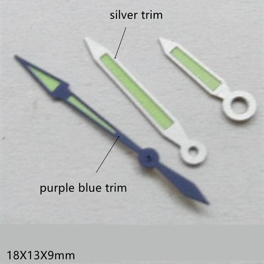 18mm Silver and Blue Trim Green Lume Watch Hands set for Miyota 2035 and 2115 models