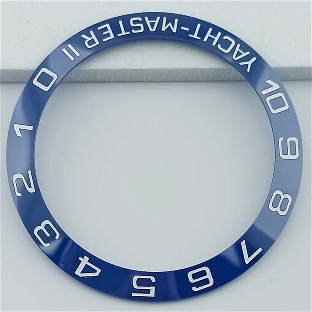Ceramic 38mm blue bezel ring with white font for Yacht Master watch, enhancing style and durability.