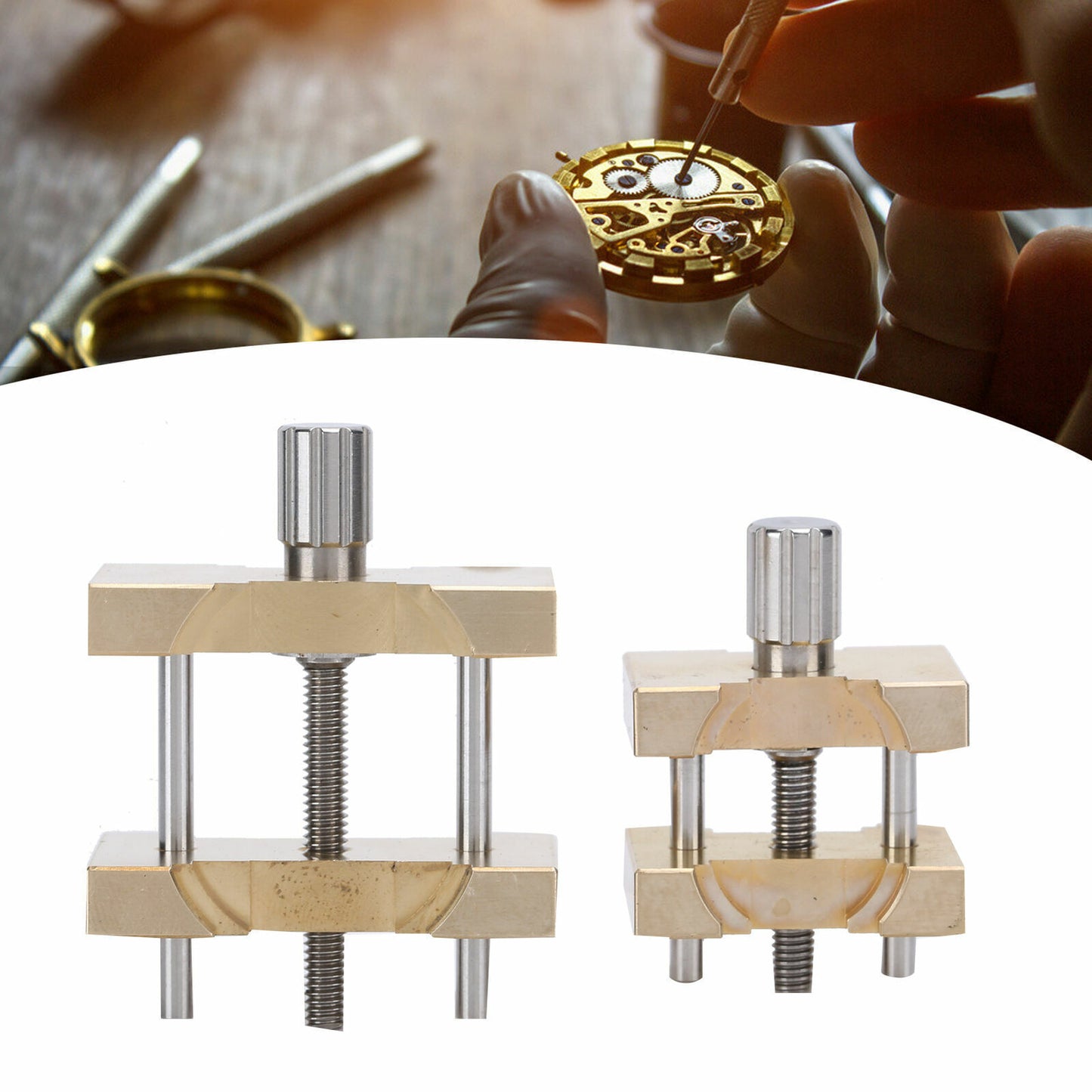 Copper vintage watch movement holder clamp vise for precise watchmaker repairs.