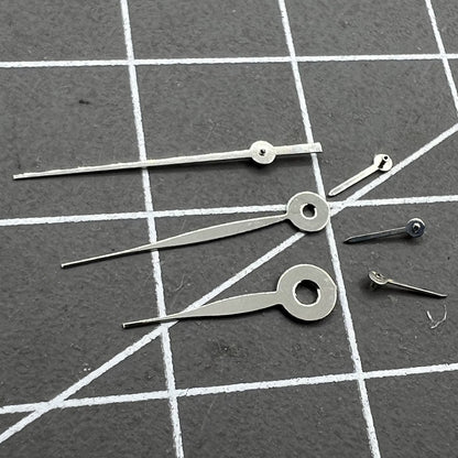 14mm silver long arrow watch hands for Miyota 0S11 movement, sleek design, no lume.