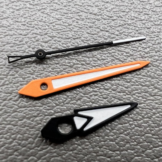 Set of 2 arrow-shaped green lume watch hands with orange and black trim for NH35 NH36 NH70