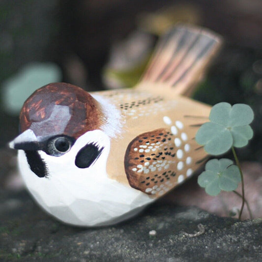 Handmade wooden sparrow figurine sculpture by New Cute, perfect decorative artwork for home decor.