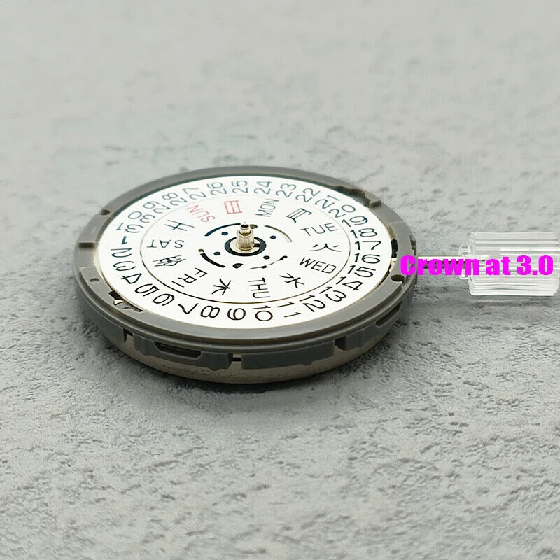 Seiko NH36 automatic watch movement with date dial, crown at 3:8, precision Japan craftsmanship.