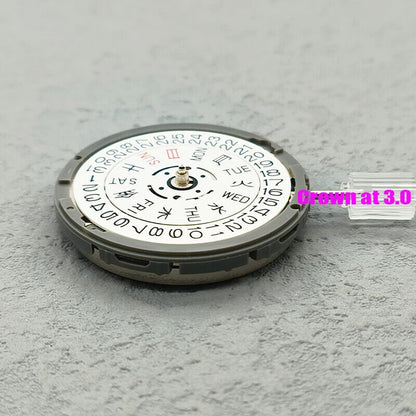 Seiko NH36 automatic watch movement with date dial, crown at 3:8, precision Japan craftsmanship.