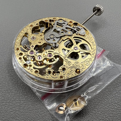 Golden Seagull ST3600 mechanical watch movement with hollow dial and second hand at 9 o?clock, precision engineering.
