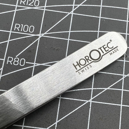 Swiss Horotec MSA12.302-3 antimagnetic fine tweezers for delicate hairspring handling in watch repairs.