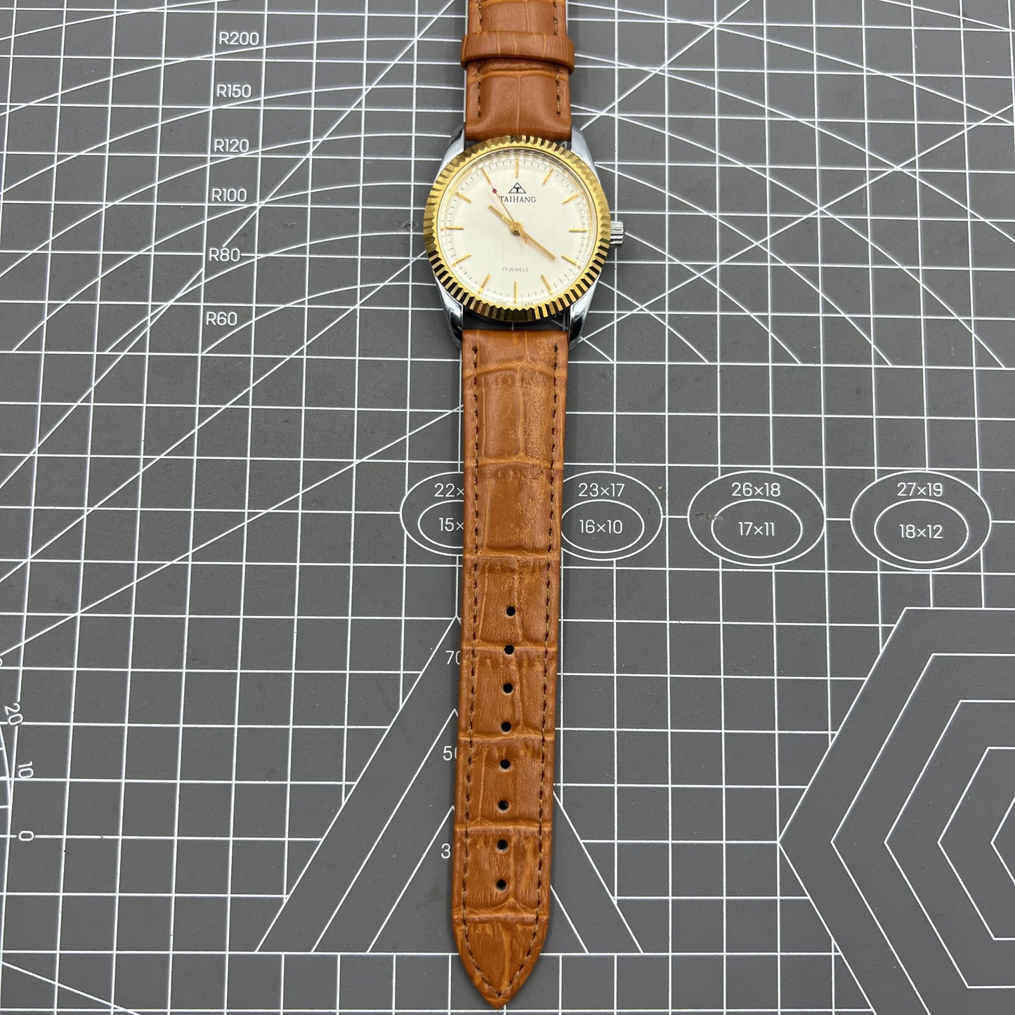 TAIHANG 38mm silver watch with gold hands, 17-jewel mechanical movement, classic round case design