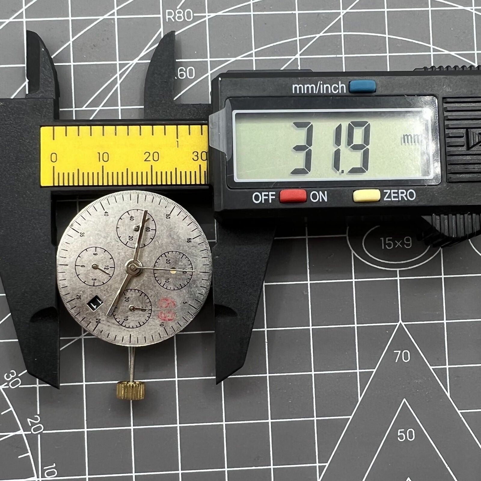 Asia Made 7750 mechanical watch movement with black dial, single calendar, and three small second subdials for precise timekeeping.