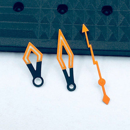 Black and orange butterfly watch hands with C3 green lume, designed for NH35/36/4R movements.