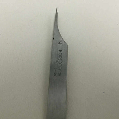 Horotec MSA12.300-14 carbon steel tweezers 110mm for precise watch hand removal and secure grip in watch repairs.