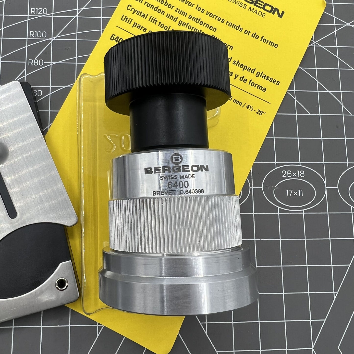 Swiss Bergeon 6400 crystal lift tool showcasing precise watch crystal fitting and removal.