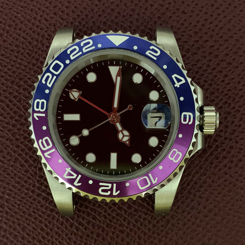 Boîtier de montre GMT 40 mm en acier inoxydable 3804 316L, verre saphir, aiguilles lumineuses