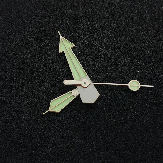 Green luminous watch hands set for SKX/SBBN/NH35/NH36 movements, enhancing visibility and style.