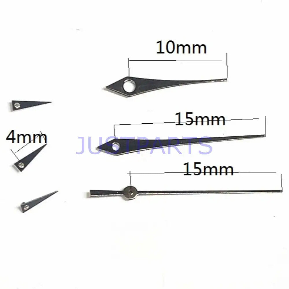 Schwarzes 15mm Uhrzeigerset mit langen Pfeilzeigern, 6-teilig, passend f�r Miyota JS15 Uhrwerke, Marke Schwarzes.