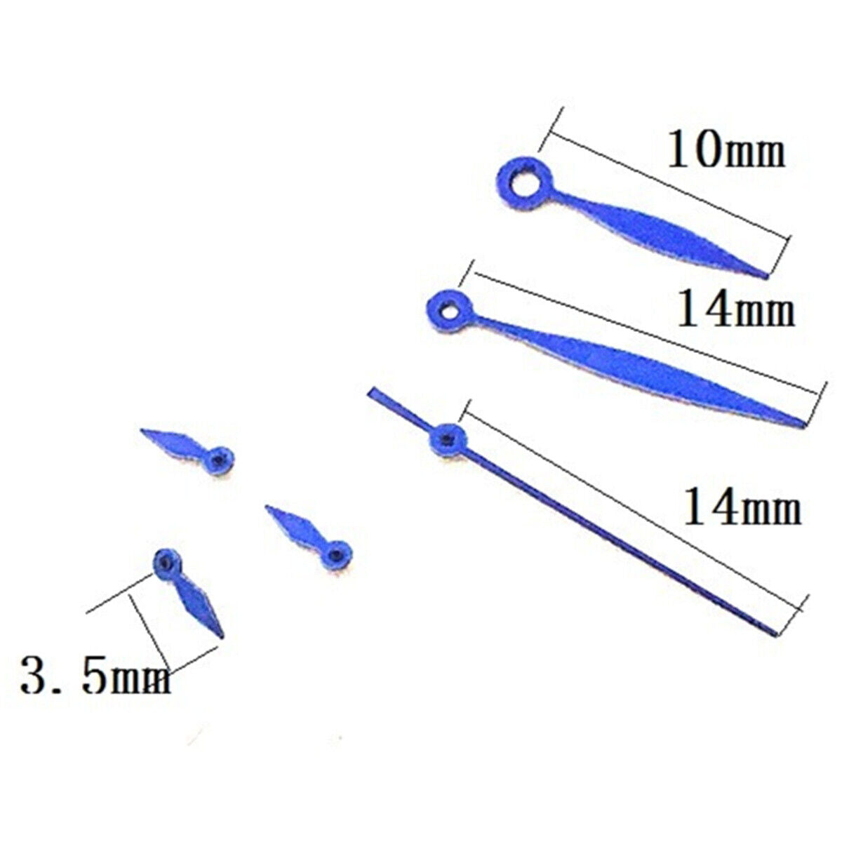 14mm leaf-shaped blue painted watch hands with no lume, compatible with VD53 VD54 VD57 movements, ideal for replacements.