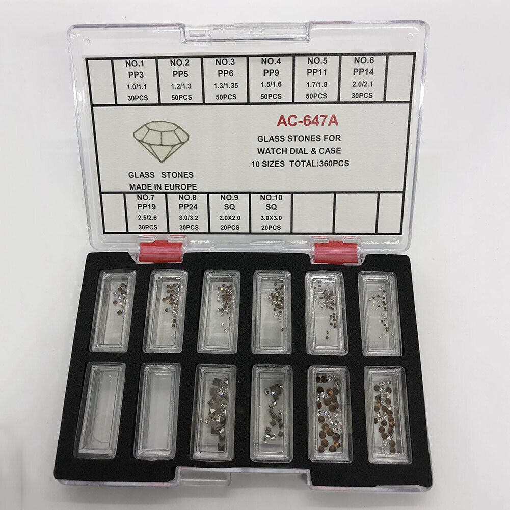 AC-647A glass stones set for watch dials, 10 sizes, 360 pieces for stylish accessories.