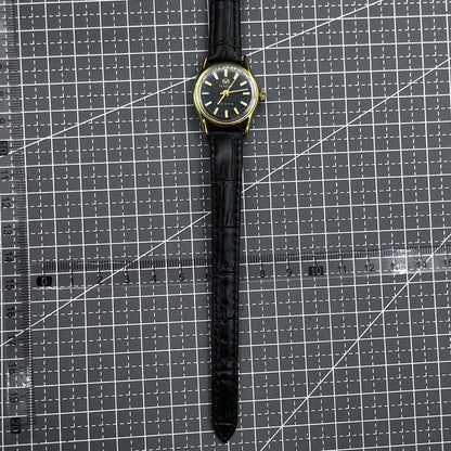 Elegant black round case ladies watch with gold accents, Tianjin Seagull manual mechanical movement.