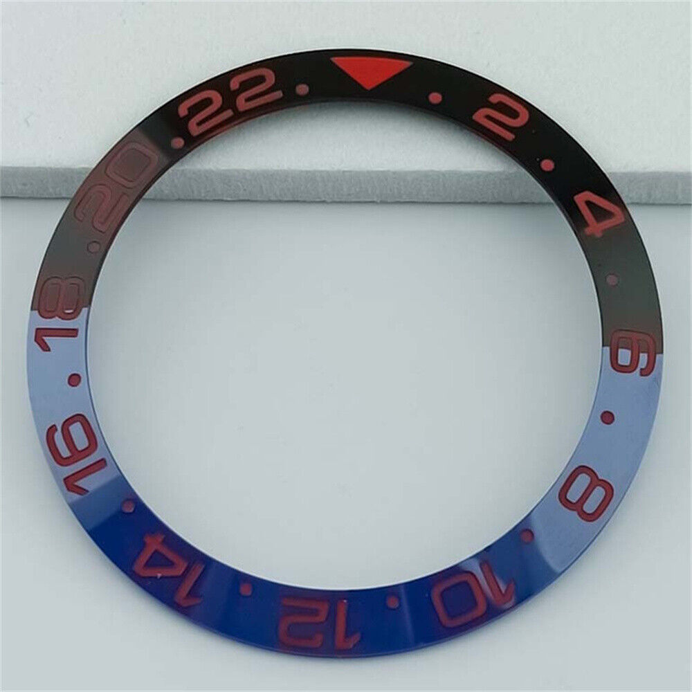 Ceramic 38mm GMT bezel ring in blue and black with red font, compatible with SUB watches.
