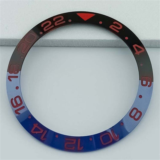 Ceramic 38mm GMT bezel ring in blue and black with red font, compatible with SUB watches.