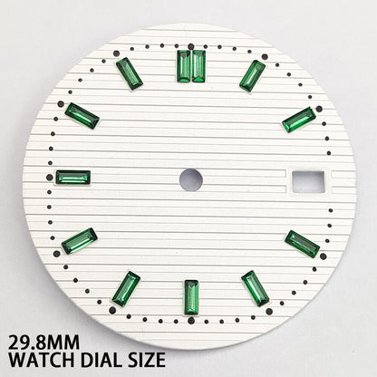 Green imitation gemstone nail on white watch dial, 29.8mm size, compatible with NH35 movement.